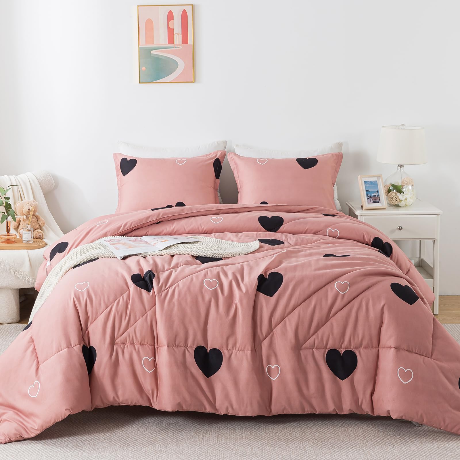 Caressma Queen Comforter Set Cameo Brown, Pink Cute Love Heart Sexy Comforter Bedding Set For All Seasons, Geometric Soft Microf
